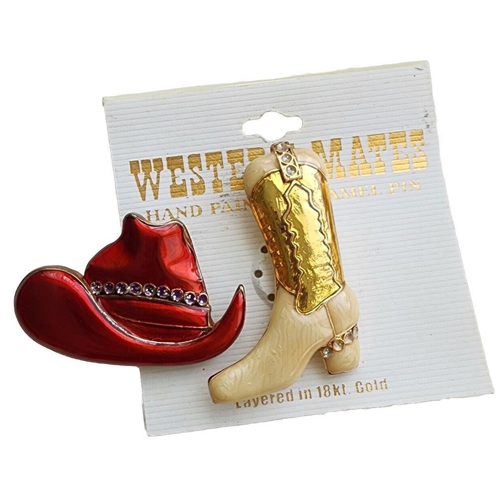 Western Cowboy Boot Pin Brooch - Red Enamel Hat - Country Bling New 18k Gold Det